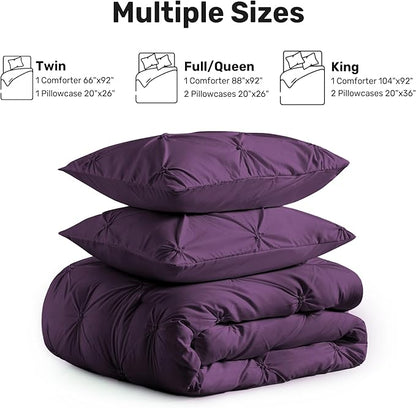 UNIKOME Queen Comforter Set Purple - Ultra Soft Boho Pintuck Down Alternative Bedding Set for All Seasons, 3 Pieces Lightweight Warm Pinch Pleat Bed Set with Comforter, 2 Pillowcases
