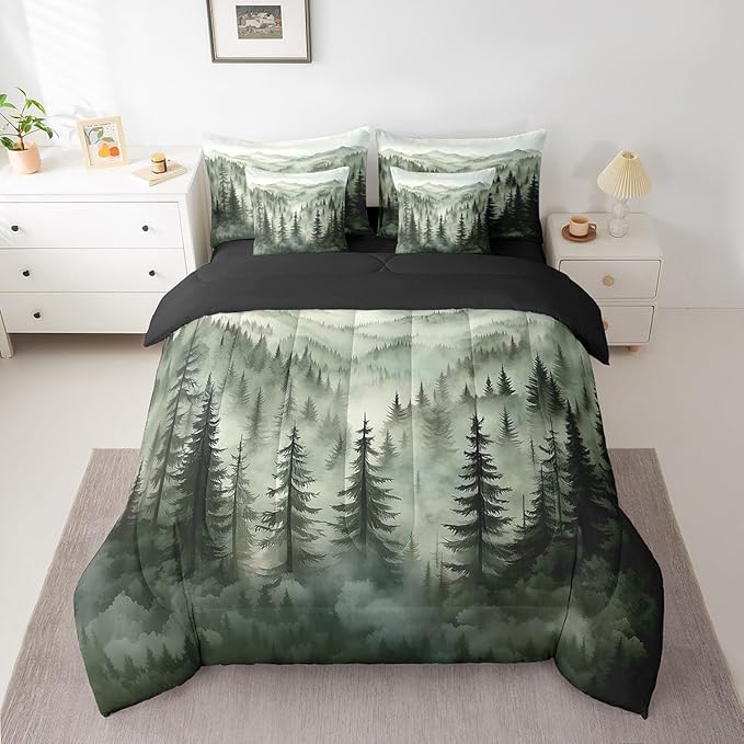 Erosebridal Smoky Mountain Bedding Set Full Nature Forest Green Comforter Set 7 Piece Rustic Woodland Botanical Pine Tree Bed in A Bag for Kids Adults Natural Jungle Plants Sheet Set with Comforter