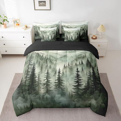 Erosebridal Smoky Mountain Bedding Set King Nature Forest Green Comforter Set 7 Piece Rustic Woodland Botanical Pine Tree Bed in A Bag for Kids Adults Natural Jungle Plants Sheet Set with Comforter