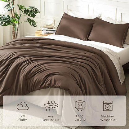 Litanika Brown Comforter Set California King Size, 3 Pieces Cal King Lightweight Solid Bedding Comforter Set, All Season Fluffy Bed Set (104x96In Comforter & 2 Pillowcases)