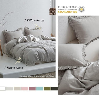 Simple&Opulence 100% Linen Duvet Cover Set, 3 PCS Natural French Flax Light Grey Ruffle Duvet Cover Full Size, Breathable Comfy Linen Bedding Comforter Cover with 2 Pillowcases (Light Grey, 78" X 86")