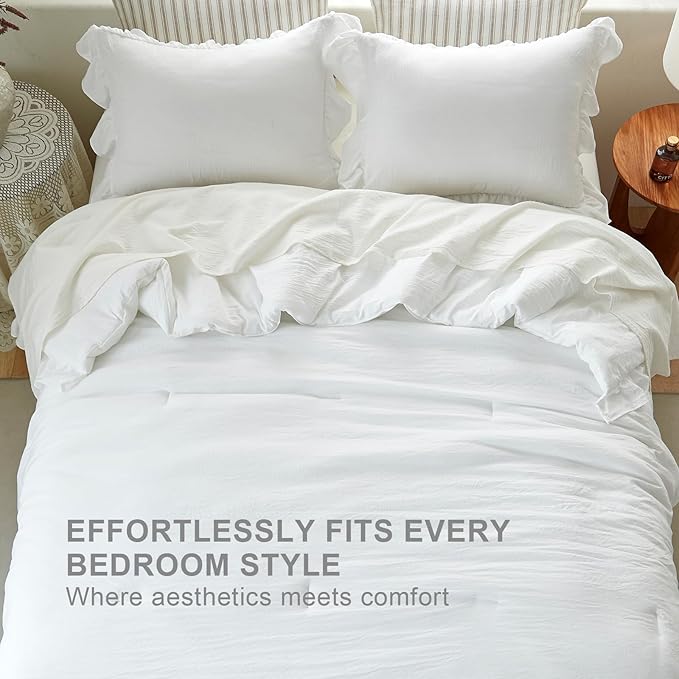 White Ruffle Comforter Set Queen, Pre-Washed Shabby Chic Bedding Set, Lightweight Cottagecore Soft Romantic Cozy 1 Comforter & 2 Shams, All-Season