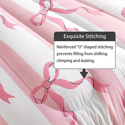 Pink Bowknot Girls Comforter Set King Size,Kawaii Cartoon Geometric Bedding for Kids,Girls Bedroom Room Decor,3Pcs Bow Pink Striped Princess Romantic Comforter Set 1 Quilt 2 Pillowshams