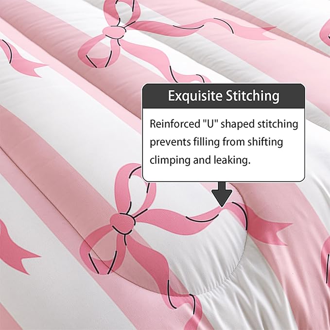 Pink Bowknot Girls Comforter Set Full Size,Kawaii Cartoon Geometric Bedding for Kids,Girls Bedroom Room Decor,3Pcs Bow Pink Striped Princess Romantic Comforter Set 1 Quilt 2 Pillowshams
