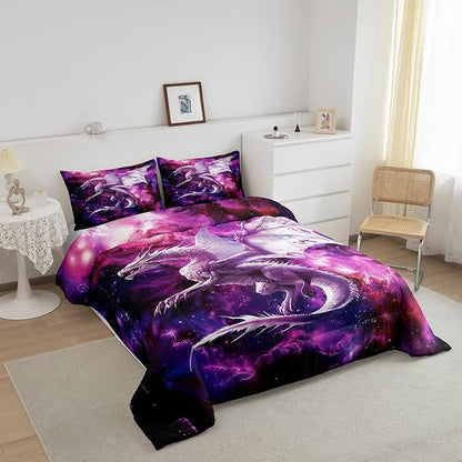 Flying Dragon Comforter Set Queen Size,Galaxy Outer Space Bedding Set for Kids Boys Teens Adults Room Decor,Starry Sky Western Magical Animal Duvet Insert 3Pcs,Nebula Glitter Quilt Set,2 Pillowcases
