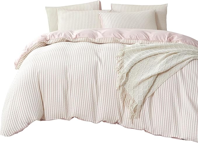 Dusty Pink Comforter Set Queen Size Soft Luxury Washed Microfiber Jacquard 3 Pieces Bedding Set, White Dusty Pink Vertical Ticking Stripes Comforter with 2 Pillowcases Breathable Durable Comfy