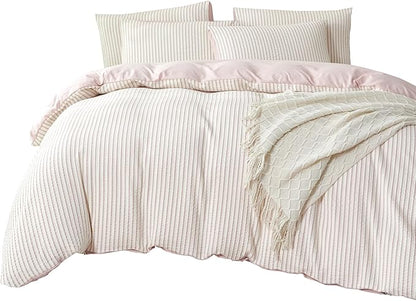 Dusty Pink Comforter Set Queen Size Soft Luxury Washed Microfiber Jacquard 3 Pieces Bedding Set, White Dusty Pink Vertical Ticking Stripes Comforter with 2 Pillowcases Breathable Durable Comfy