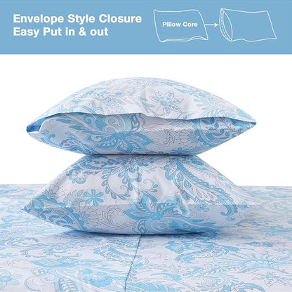JSD Blue Paisley Sheet Set Cal King, 4 Piece Soft Floral Printed Microfiber Sheets Extra Deep Pocket