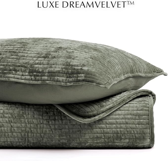 EVERGRACE Velvet Quilt Set Queen Size, Luxurious Soft Quilted Bedding Sets, Lightweight Velvet Comforter for All Season, Striped Channel Bedspread Coverlet with 2 Shams, Dried Thyme Green