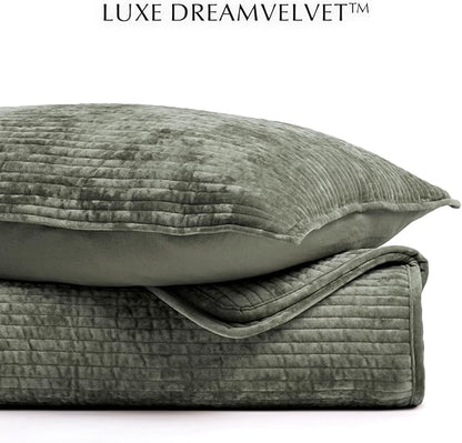 EVERGRACE Velvet Quilt Set Queen Size, Luxurious Soft Quilted Bedding Sets, Lightweight Velvet Comforter for All Season, Striped Channel Bedspread Coverlet with 2 Shams, Dried Thyme Green
