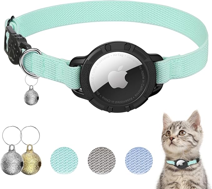 AirTag Cat Collars, Stretchy Collar with AirTag Holder and Bell | Breakaway - Ultra Design Elastic - GPS Tracking Collars - Adjustable Size for Cats & Puppies 7.5-12.5" - (Green)