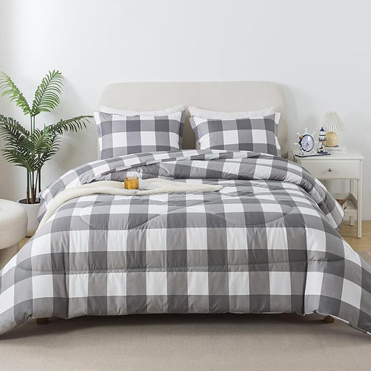 Caressma Buffalo Plaid Comforter Set Queen, White Gray Buffalo Plaid Comforter Bedding Set for All Seasons, Classic Gingham Pattern Print Soft Microfiber 3 Pieces Comforter with Pillowshmas