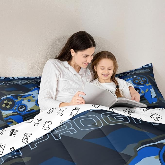 Boys Gaming Comforter Set Twin Size Teens Gamer Bedding Set Retro Blue Camouflage Video Game Controller Comforter For Kids Youth Bedroom Decor Gamer Console Action Buttons Duvet Set Microfiber