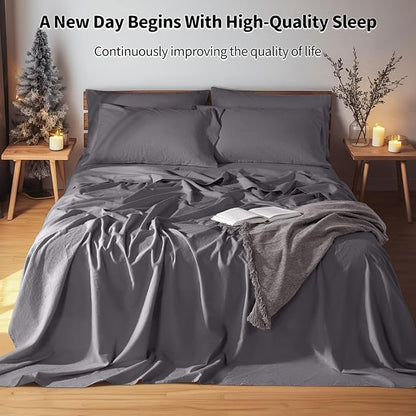 LBRO2M 100% Pure Linen Sheet Set Deep Pocket Up to 16" Bed Sheets Sets, Natural Flax Beddings Soft, Breathable, Comfortable for All Seasons 6 Pcs Sheet Set King Size, Dark Grey