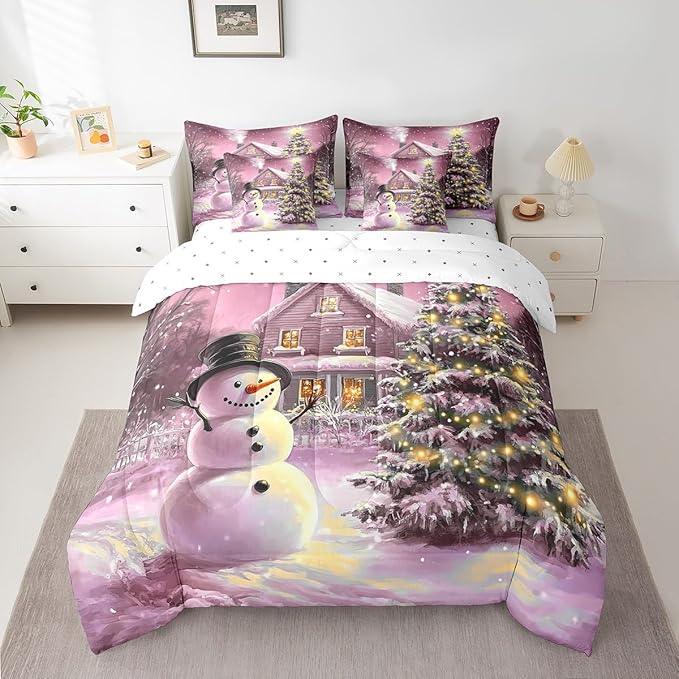Castle Fairy Cute Xmas Snowman 7 Pieces Bedding Set King Bed in a Bag,Rustic Farmhouse Cabin Outdoor Christmas Tree Comforter Set,Happy New Year Soft Warm Microfiber Bedding