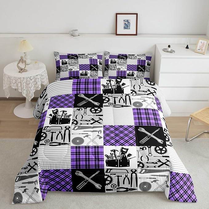 Kids Girls Cars Comforter Set Wrench Repair Outfit Bedding Set Farmhouse Gingham Check Bedding Home Decor Gray Purple Comforter Queen Size 3 Pieces Quilted Duvet Set with 2 Pillowcase
