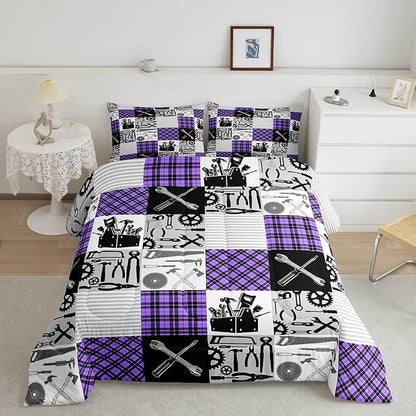 Kids Girls Cars Comforter Set Wrench Repair Outfit Bedding Set Farmhouse Gingham Check Bedding Home Decor Gray Purple Comforter Twin Size 2 Pieces Quilted Duvet Set with 1 Pillowcase