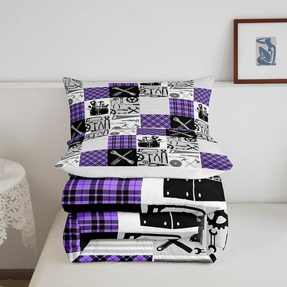 Kids Girls Cars Comforter Set Wrench Repair Outfit Bedding Set Farmhouse Gingham Check Bedding Home Decor Gray Purple Comforter Full Size 3 Pieces Quilted Duvet Set with 2 Pillowcase