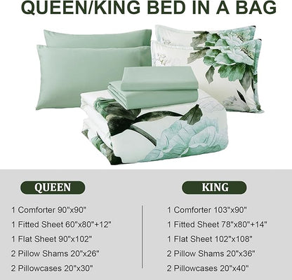 Dobuyly Green Comforter Set King Size 7 Piece Bed in a Bag King, Sage Green Floral Printed Comforter Set with Sheets, Soft Microfiber Botanical Flower Complete Bedding Set for All Season