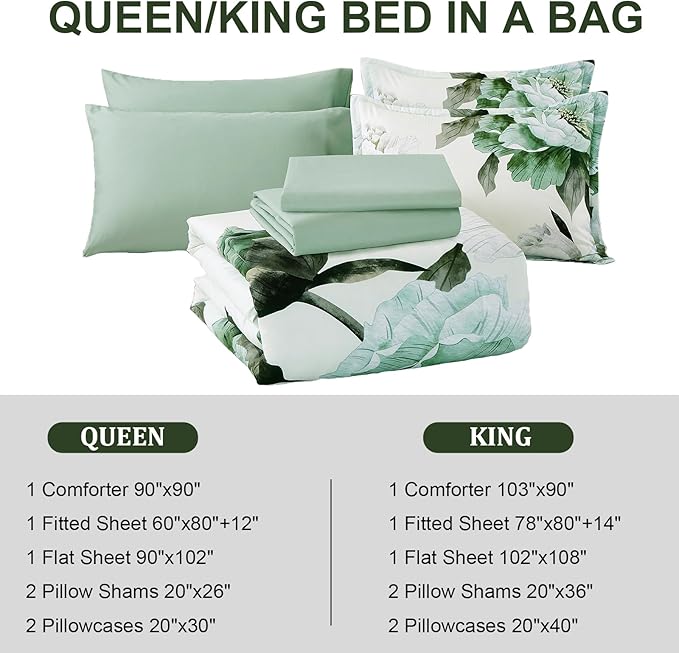 Dobuyly Green Queen Comforter Set 7 Piece Bed in a Bag Queen, Sage Green Floral Printed Comforter Set with Sheets, Soft Microfiber Botanical Flower Complete Bedding Set for All Season