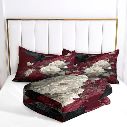5Pcs Twin Size Vintage Botanical Flowers Comforter Set for Girls, Black Crows Bedding Sets, 100% Washed Microfiber, 1 Comforter 68"x 90" and 2 Pillowcases, 1 Fitted Sheet, 1 Flat Sheet
