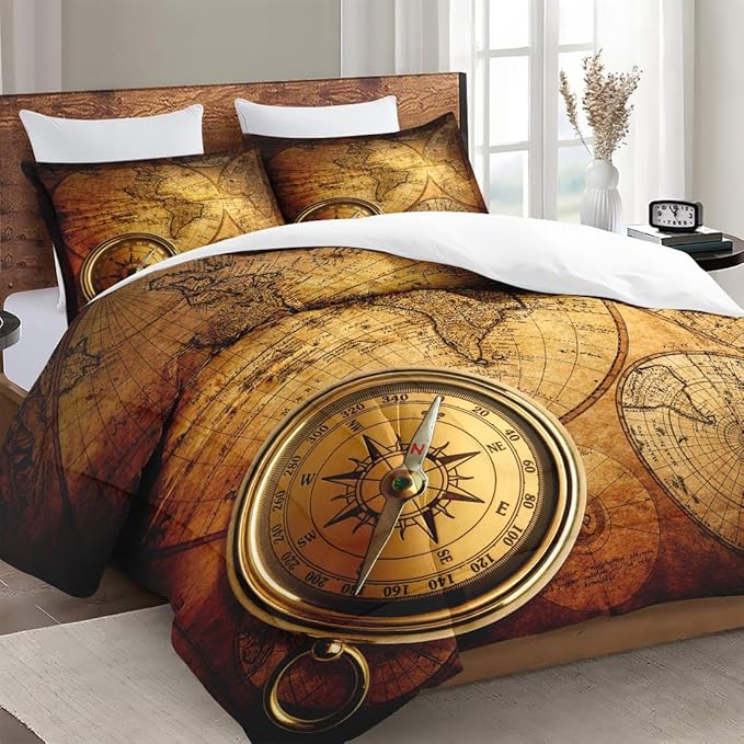 Queen Size Comforter Set with 2 Pillowcases, Vintage Retro World Map Soft 3 Pcs Bedding for Kids and Adults Bedroom Bed Decor