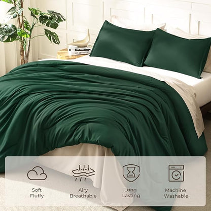 Litanika Comforters Emerald Green Oversized Queen Size, 3 Pieces Lightweight Solid Bedding Comforter Set, All Season Fluffy Bed Set (98x98In Comforter & 2 Pillowcases)