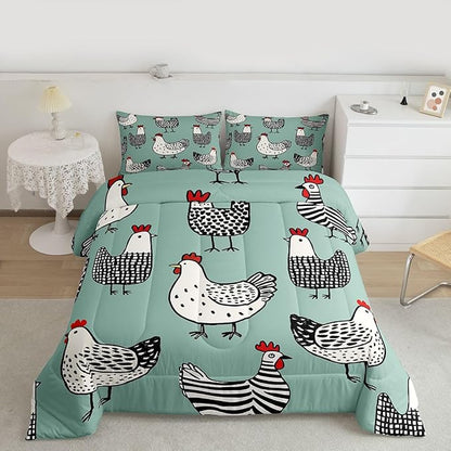 Erosebridal Chicken Comforter Set, Cartoon Chick Bedding Set King Size, Cute Farmhouse Animal Down Comforter for Children Young, Teal Black Bedding Sets & Collections Warm Soft Bedroom Decor