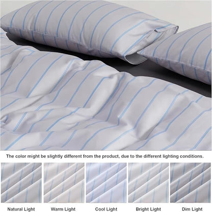 Bedbay Cotton Striped Duvet Cover Set Queen Size, Grey Blue Striped Bedding, 100% Cotton Sateen, Silky Soft Modern Minimalist 3 Piece Bedding Set for All Seasons