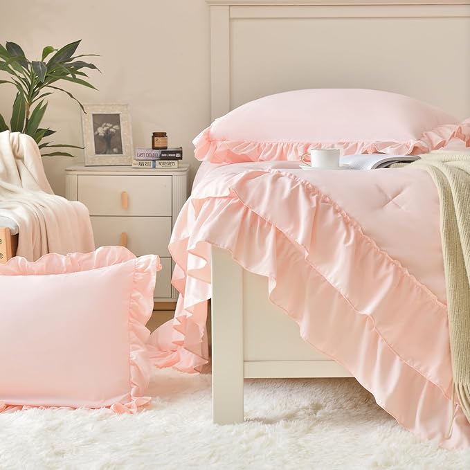 Cupocupa Blush Full Comforter Set, 3Pcs Ruffle Farmhouse Bedding Set with Comforter & Pillowcases, Soft Lightweight Fluffy Shabby Chic Comforter Set for All Season Use (Blush, F)