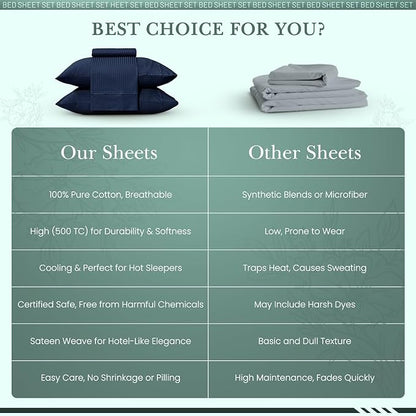 Feather & Stitch 500 TC Queen Size Damask Bed Sheet Set, 100% Cotton Soft Breathable Bedsheets, 4 Piece 18" Deep Pockets Sateen Weave Striped Bedding Mattress Resort Hotel Luxury - (Dark Blue Stripe)