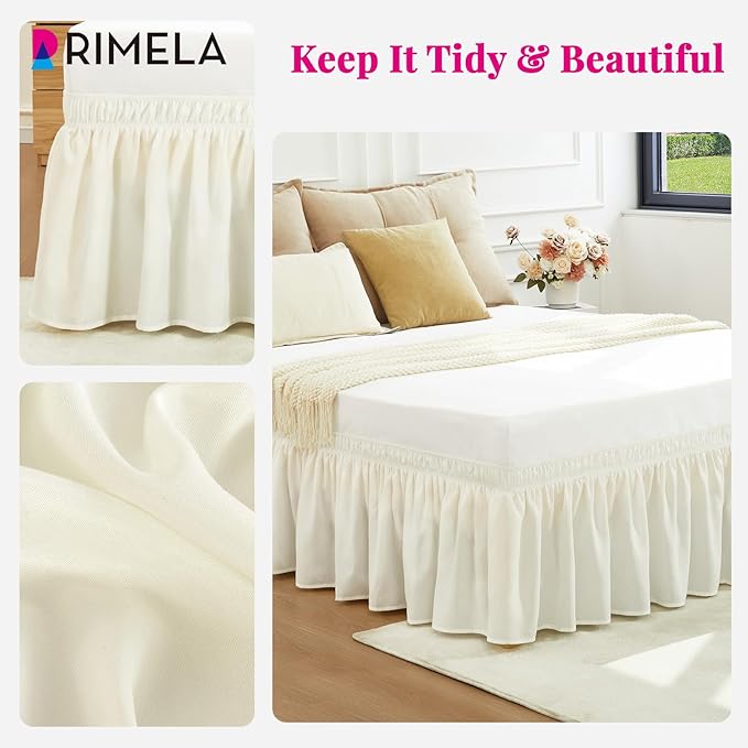 RIMELA Cream Bed Skirt Queen Size 15 Inch Drop, Elastic Bed Skirting for Bed Base and Frame, Bedding Dust Ruffle Easy to Install, Lightweight Wrap Around Adjustable Bedskirt