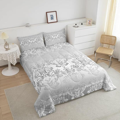 Feelyou Adults Silver Vintage Damask Floral Comforter Set Oriental Antique Comforter Queen Size Gothic Bohemia Boho Flower Bedding Set Gothic Skull Duvet Set Quilt Set 3Pcs