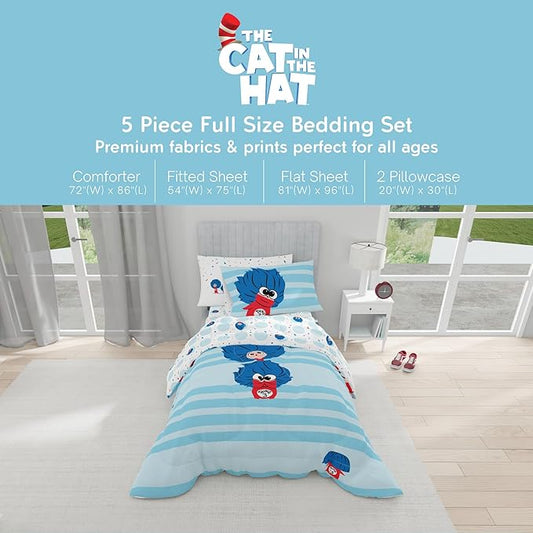 Dr Seuss The Cat in The Hat Movie Set, Full Size 5 Piece Kids Super Soft Cozy Reversible Comforter and Sheet Set, Thing 1, Thing 2, Thing 3 (Officially Licensed Product) By Franco | Durable, Reversible, Officially Licensed