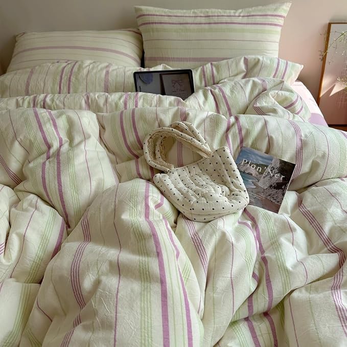 EAVD Vintage Style Striped Duvet Cover Twin Size Soft 100% Cotton Green Purple Vertical Stripes Pattern Bedding Set with 2 Pillowcases Reversible Farmhouse Geometric Duvet Cover with Zipper