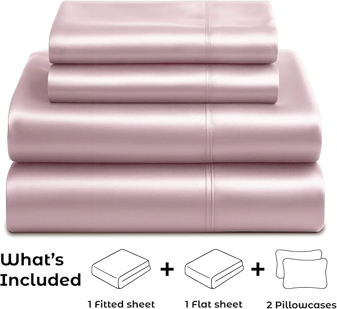Pure Bedding Satin Sheets Queen [4-Piece, Champagne Pink] Hotel Luxury Silky Bed Sheets - Extra Soft 1800 Microfiber Sheet Set, Wrinkle, Fade, Deep Pocket Fitted Sheet, Flat Sheet, Pillow Cases
