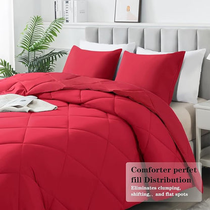 3-Piece King Comforter Set,All-Season,Soft & Hypoallergenic &Breathable Bedding,Polyester Quilted,Down Alternative(Comforter*1 & Pillowcases*2),Bright Red