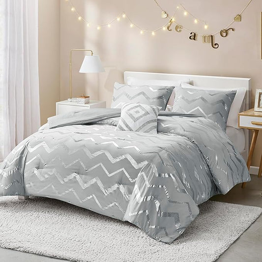 Codi Silver and Grey Bedroom Set, Gray Girls Bedding Comforter Sets Queen and Full Size, 4 Pieces for Women - All Seasons Warm