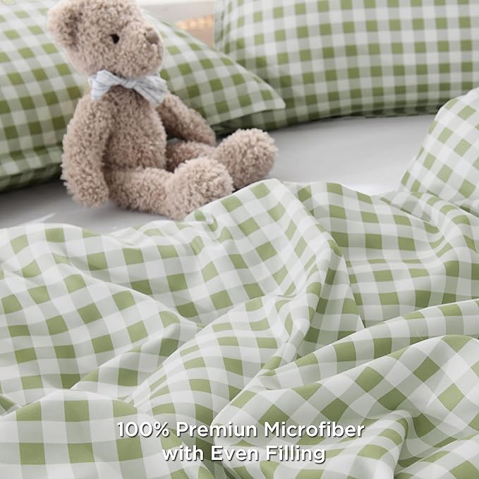 Andency Sage Gingham Comforter Set Full(79x90Inch), Green Checkered Grid Plaid Buffalo Bed Set for Girls Boys Kids Teens, 3 Pieces Lightweight Polyester Geometric Preppy Bedding