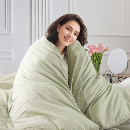 NEXHOME PRO Duvet Cover Set Queen Size Linen Feel Textured Organic Natural 100% Washed Cotton Duvet Cover 3 Pieces Bedding Set with Zipper Closure, Breathable, Soft, Mint Green (No Comforter)