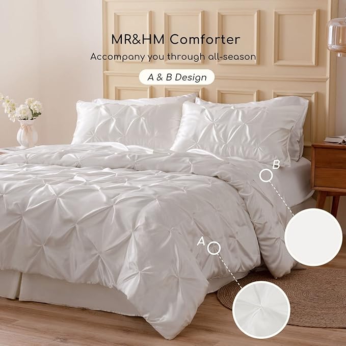 MR&HM Satin Comforter Twin XL 5 Pieces - Luxurious Pinch Pleat Bedding Set with Comforter, Flat Sheet, Fitted Sheet, Pillowcase & Sham, Super Silky Soft Bed Set for All Season (Twin XL, Ivory)
