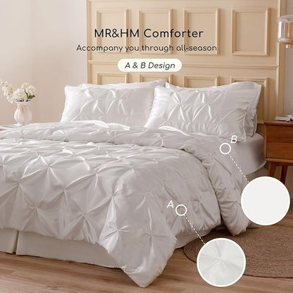 MR&HM Satin Comforter Twin 5 Pieces - Luxurious Pinch Pleat Bedding Set with Comforter, Flat Sheet, Fitted Sheet, Pillowcase & Sham, Super Silky Soft Bed Set for All Season (Twin, Ivory)