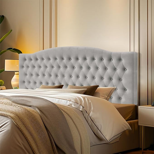 Furpopup Velvet King Size Headboard Only Upholstered Wall Mount Silver Gray | 2 ways to use:Wall-mounted (for adjustable bed) and bed frame mounted, Easy to assemble, Classic button design headboard