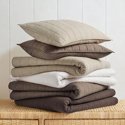 EVERGRACEHOME 100% Cotton Box Stitch Quilt Bedding Set King Size 3 Pieces, Garment-Washed Lightweight Soft Cozy Coverlet, Oversized Quilted Bedspread Sets with 2 Shams for All Season, Cocoa Brown