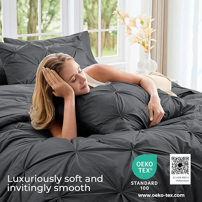 Sasttie Full Size Comforter Set, 7-Piece Bed in a Bag, Pintuck Bedding Sets for All Season, Includes Comforter, Flat Sheet, Fitted Sheet, Pillowcases and Pillowshams, Dark Grey