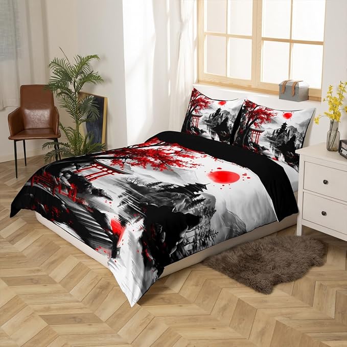Feelyou Japanese Style Bedding Set King Size Cherry Blossom Duvet Cover for Adult Kids Boys Girls Watercolor Comforter Cover Set Natural Landscape Bedspread Cover 3Pcs Zipper