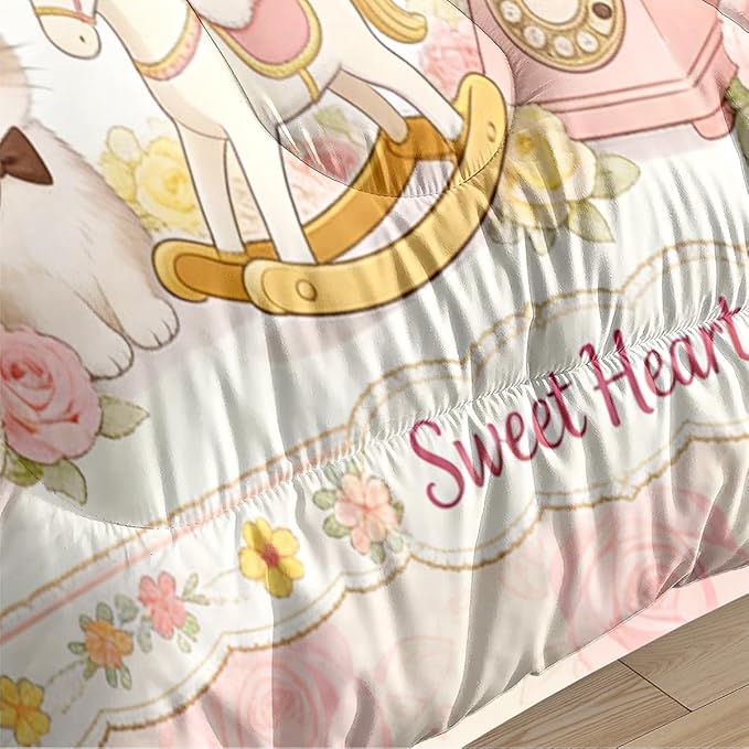 Women 3-Piece Cartoon Pink Bunny Comforter Set, Girls Sweet Home Bedding Sets King Size, Pink Flowers Bedding Sets, Includes 1 Comforter 104"x90" and 2 Pillowcases
