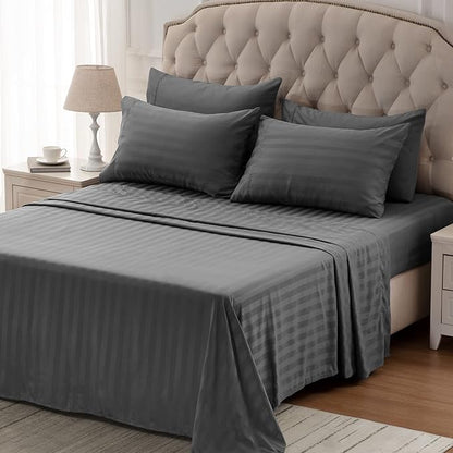 SLEEP ZONE Striped Cooling Sheets Set King Size - Fitted Flat Sheet & Pillowcase Sets 4 Piece - Super Soft Stripe Bed Sheet, Easy Care, Deep Pocket (Gray, King)