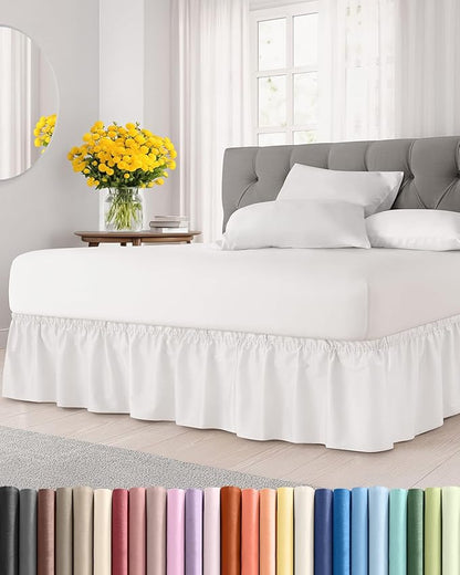 Wrap Around Dust Ruffle Bed Skirt - Antique White - for Full Size Beds w/ 15 Inch Drop - Easy Fit Elastic Strap - Adjustable Pleated Bedskirt w/Brushed Fabric, Wrinkle Free Women, Men, Kids & Teens
