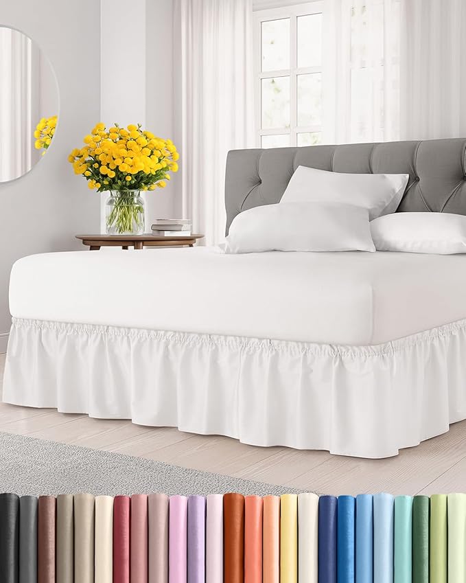 Wrap Around Dust Ruffle Bed Skirt - Antique White - for Full Size Beds w/ 12 Inch Drop - Easy Fit Elastic Strap - Adjustable Pleated Bedskirt w/Brushed Fabric, Wrinkle Free Women, Men, Kids & Teens